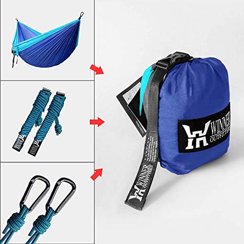 WINNER OUTFITTERS Double Camping Hammock - Lightweight Nylon Portable Hammock, Best Parachute Double Hammock for Backpacking, Camping, Travel, Beach, Yard. 118"(L) x 78"(W), Sky Blue/Blue Color WINNER OUTFITTERS Double Camping Hammock - Lightweight Nylon Portable Hammock, Best Parachute Double Hammock for Backpacking, Camping, Travel, Beach, Yard. 118"(L) x 78"(W), Sky Blue/Blue Color