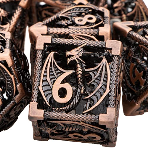 ARUOHHA Hollow DND Metal Dice Set Dungeons and Dragons Copper D&D Dice 6 Sided Role Playing Games Dice with Gift Box, 7PCS D+D Polyhedral D and D Dice Set D20 D12 D10 D8 D6 D4