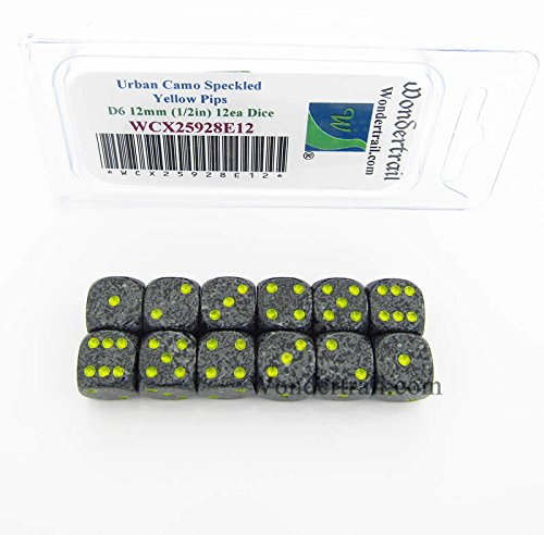 Urban Camo Speckled Dice Yellow Pips D6 12mm Pack of 12 Wondertrail WCX25928E12