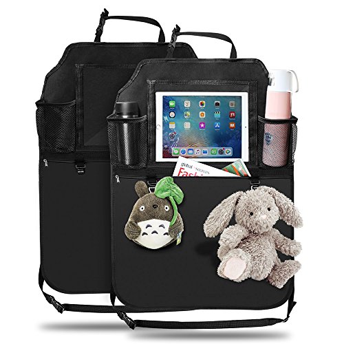 Nicewell 2 Pack Kick Mats Car Seat Back Protector Organizer with 1 Clear iPad Holder Pocket (11.6"), 1 Large Waterproof PU Kick Guards Storage Pocket (20"), 2 Mesh Pockets and 2 Hooks (Max 10 lb)