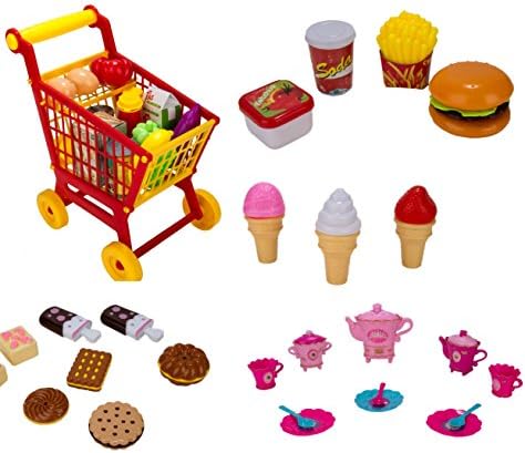 Learning Resource Pretend Play 4 in 1 Kid Shopping Cart + Grocery + Assorted Desert and Fast Food + Lunch Break Princess Tea Set Gift