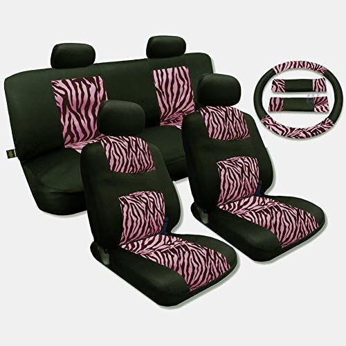 AutoSphere 13 Piece Accent Fur Black Mesh Cool Breeze Animal Print Seat Cover Set Universal Fit (Pink Zebra)