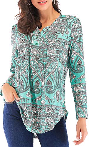 Women's Printed Long Sleeve V Neck Pleated Casual Henley Blouse Shirt Tops
