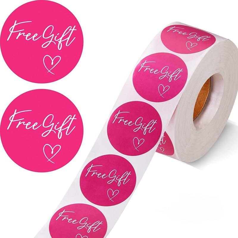 MajorCrafts 500 Labels per roll 25mm 1." Wide 'Free Gift' Printed Promotion Round Stickers (Dark Pink - V156)