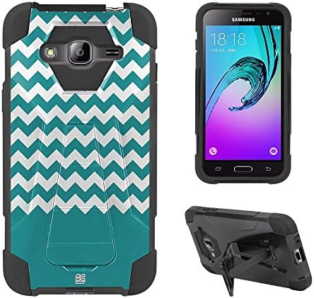 Fxclusive For Samsung Galaxy J3, Galaxy Express Prime, Galaxy AMP PrimeArt Image Design Heavy Duty Rugged Impact Hybrid Hard Shell Case Kickstand Protective Cover - Teal Chevron
