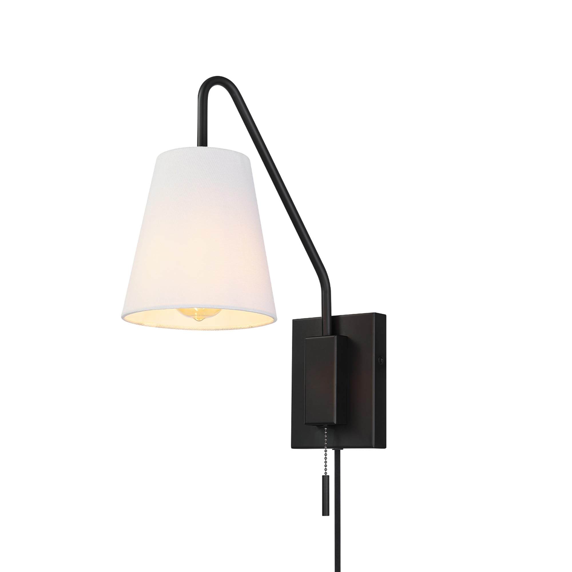 Globe Electric 65000043 1-Light Plug-in or Hardwire Wall Sconce, Matte Black, White Fabric Shade, Swing Arm, 6ft Black Braided Fabric Cord, On/Off Pull Chain, Wall Lights for Living Room, Home Décor