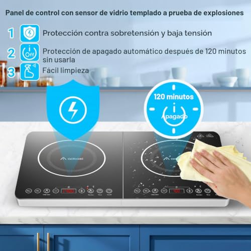 Aobosi Double Induction Hob, Induction Hobs, Independent Control, 10 Temperature Levels, 4 Hour Timer, 3500W, Safety Lock