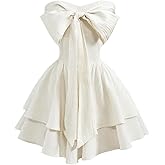 MakeMeChic Women's A Line Dress Ruffle Tiered Bandeau Shirred Tie Front Elegant Summer Short Dresses