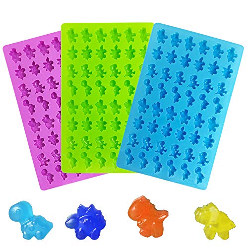 Dinosaur Chocolate Mold, YuCool 3 Pack Silicone Dinosaur Molds with 48-Cavity for Candy Chocolate Jelly, Ice Cube with 3 Bonus Droppers-Purple,Blue, Green