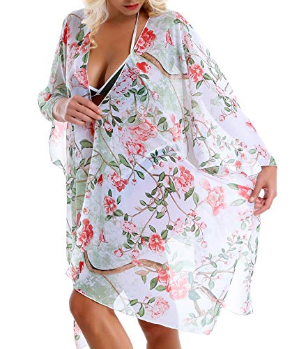 Outrip Women Swimsuit Bathing Suit Beach Cover up Chiffon Floral Kimono Cardigan (A (18) - White with Red Camellia Flowers) - Thumbnail 3