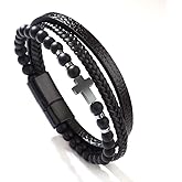 COLORFUL BLING Genuine Leather Cross Bracelet for Men Vintage Braided Mutilayer Sideway Cross Cuff Wristband Religious Confirmation Christian Prayer Jewelry