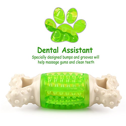 Fluffy Paws 5.6" Durable Squeaky Bone-Shaped Rubber Dental Chewing Biting Pet Toy, Green/White