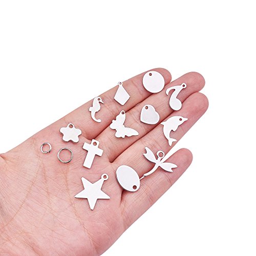 BENECREAT 144PCS Stainless Steel Blank Stamping Tag Mixed Shape Charm Pendants and 80PCS Jump Rings for Bracelet Necklace Earring Making