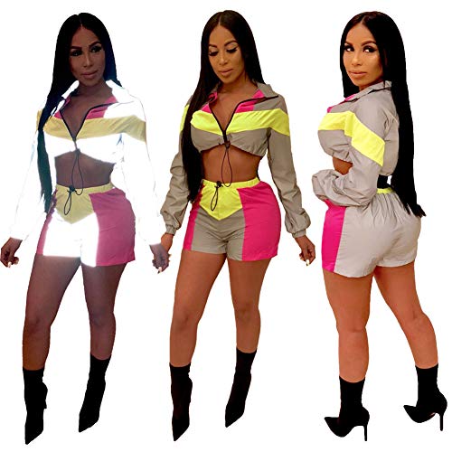 Women Sexy Reflective 2 Piece Outfits Short Pant Sets Long Sleeve Crop Tops Rompers Clubwear Grey Rose XL - Thumbnail 6