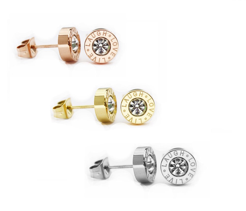 findout Women Gold Plated Titanium Steel Love Round Cubic Zirconia Love Live Laugh 3 Pairs Stud Earrings Live Every Moment,Laugh Every Day, Love Beyond Words (f1825)