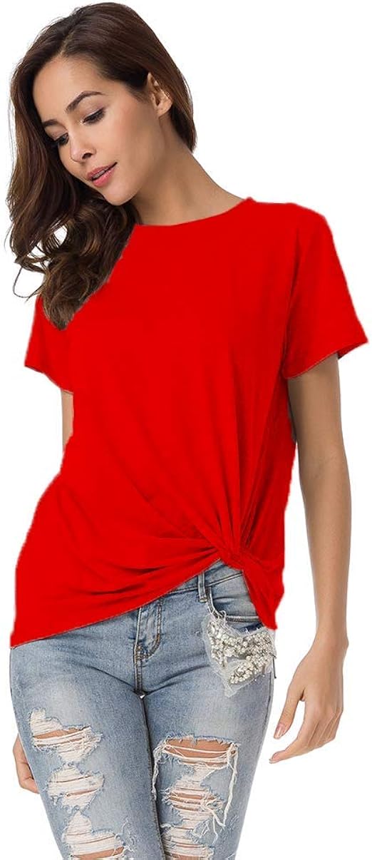 Women's Short Sleeve Loose Fit T Shirts Twist Knot Front Cotton Casual Blouse Tops Crewneck T 