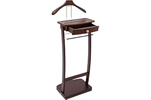 BLISIOUR Valet Stand with Drawer and Top Tray, Wood Mens Suit Valet Stand with Wood Base, Freestanding Clothes Valet Stand with Hanger, Storage Organizer for Entryway Office Living Room (A, Walnut Color)