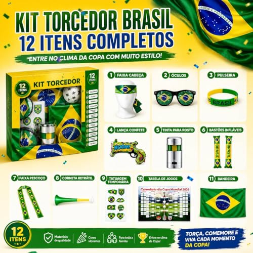 Kit Torcedor Brasil Copa 2026 12 Peças – Fantasia Completa com Faixa Cabeça, Óculos, Bandeira 150x90cm, Bastões Infláveis, Corneta, Tinta Facial e Lança Confete – Festa Churrasco Premium