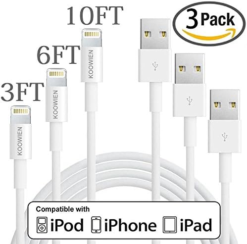 Lightning Cable, KOOWIEN 3Pack 3FT 6FT 10FT 8pin USB Cable Syncing and Charging Cable Cord Charger for Apple iPhone 6/6s/6 plus/6s plus, SE, 7/7plus, iPad Air/Mini/Pro, iPod Nano/Touch (White)