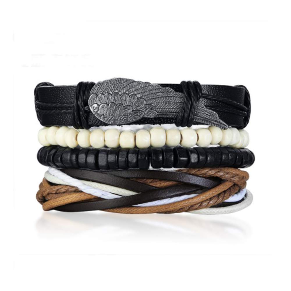 MiniJewelry Angel Wing Braided Leather Wrap Bracelet for Men Women Adjustable 4PCs