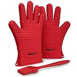 Miusco Heat Resistant Kitchen Silicone Gloves, Basting Brush Set, Red