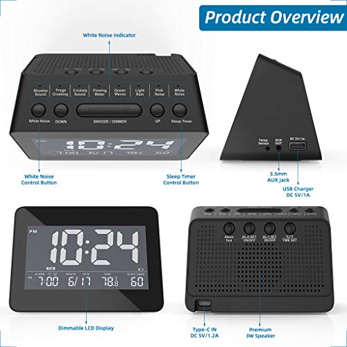 White Noise Sleep Sound Machine Alarm Clock for Home, Adults, Baby