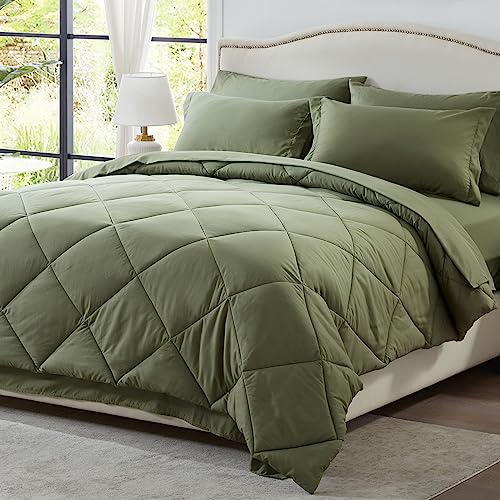 Zzlpp Full Size Bed in a Bag 7 Pieces, Olive Green Bed Comforter Set with Comforters and Sheets, All Season Bedding Sets with 1 Comforter, 2 Pillow Shams, 2 Pillowcases, 1 Flat Sheet