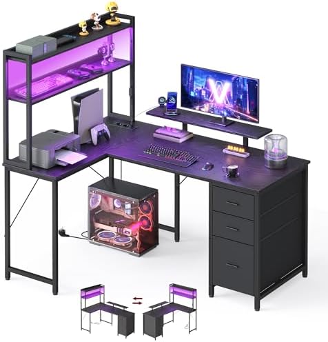 Escritorio en Forma de L, con Enchufes, Luces LED, Cajones y Soporte para Monitor, 140 x 100 x 150 cm, Negro, para Oficina en Casa y Gaming, Colección Barnet LWD162B101