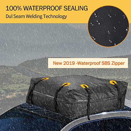 Car Roof Bag (18 Cubic Feet) with Protective Car Roof Mat & Storage Bag 1000D Waterproof Rooftop Cargo Carrier Heavy Duty Roofbag Excellent Military Quality Bag Fits All Cars with/Without Rack