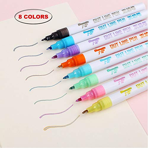 Ann Bully Double Line Outline Pen for Gift Card Writing Drawing Creative Art Marker 8 Color Double Line Marker Metallic Markers Light Color Fluorescent Marker Art Supplies Stationery - Thumbnail 7