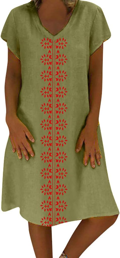 Mini Dresses TUDUZ Sale Women Summer Plus Size Vintage Ethnic Printed V-Neck Cotton and Linen Shift Dress