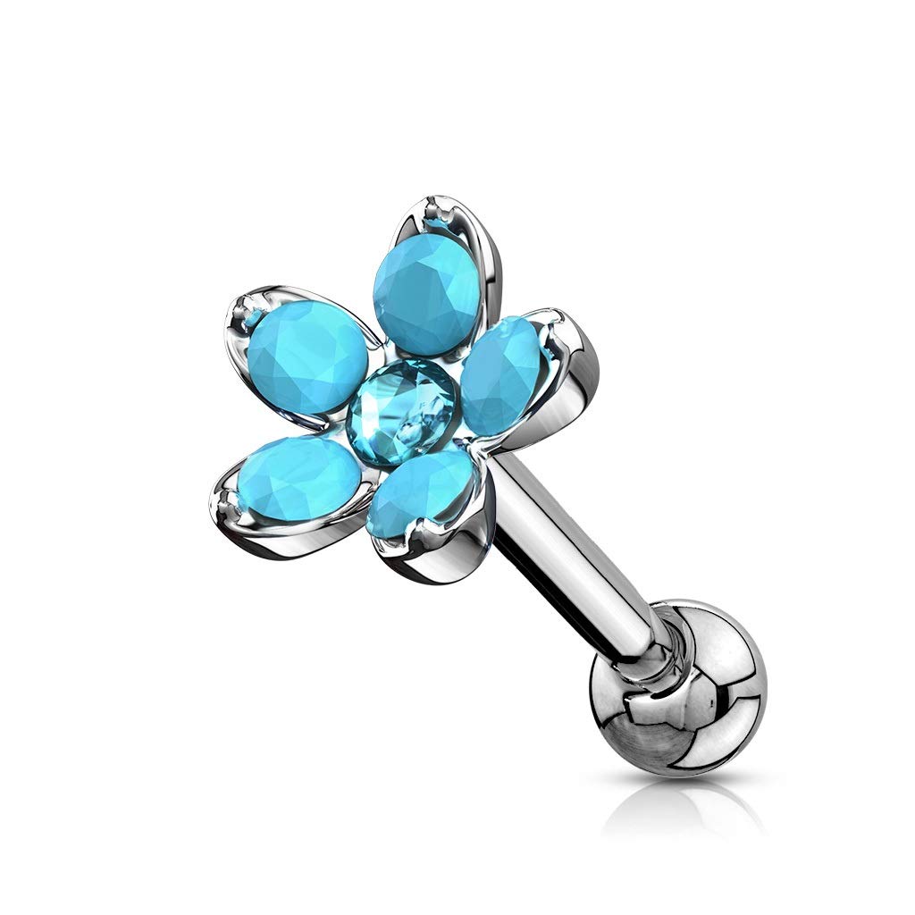PiercedOff 316L Surgical Steel Externally Threaded Cartilage Barbell Stud with Aqua Synthetic Opalite Flower - Thickness 16GA (1.2mm) / Length 6mm / Ball Size 3mm / Flower 8mm