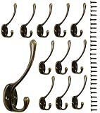 12 Pack Dual Coat Hooks Wall Mounted Metal Hooks Utility Hooks Robe Hook Rustic Double Hooks Coat Hanger and 26 Screws for Coat, Scarf, Bag, Towel, Key, Cap, Cup, Hat (Bronze Color)