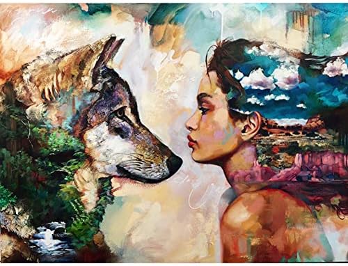 Meshieyla 5D DIY Diamond Painting by Number Kits, Round Rhinestone Wall Sticker Diamond Arts, Crafts (Wolf Girl)