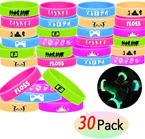 Godecal 24 Pack Game Bracelet Party Supplies, Silicone Rubber Wristband Glow in The Dark for Kids Birthday Gaming Themed Party Favors - Adult Size and Mix Color