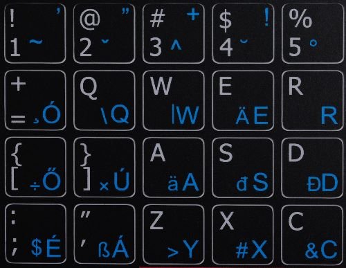HUNGARIAN - ENGLISH NON-TRANSPARENT KEYBOARD LABELS LAYOUT BLACK OR WHITE BACKGROUND (14x14) FOR DESKTOP, LAPTOP AND NOTEBOOK (Black Background)