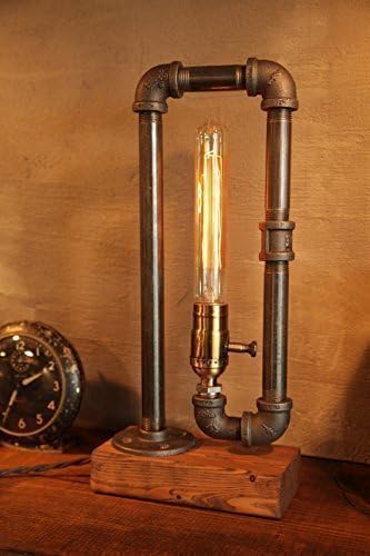 Industrial Steampunk table pipe lamp with Tube Edison bulb and wood base