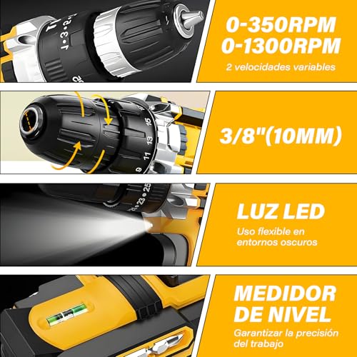 KIROGILY Taladro Inalámbrico, 3 en 1 Desarmador Electrico Inalambrico Con Kit de Herramientas, Ajuste de Par de 25+3 Atornillado/Taladrado/Impacto,para Reparaciones Domésticas y Tareas Profesionales