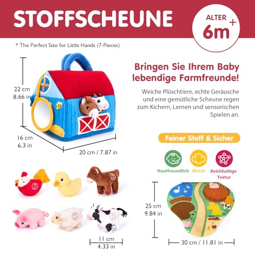 hahaland Farm Baby Toy 6 Months with 2-in-1 Barns & Play Mats, 6 Sensory Plush Toys with Animal Sounds & Speaks English Animal Names, Montessori Toy Baby Gift from 6-12 Months