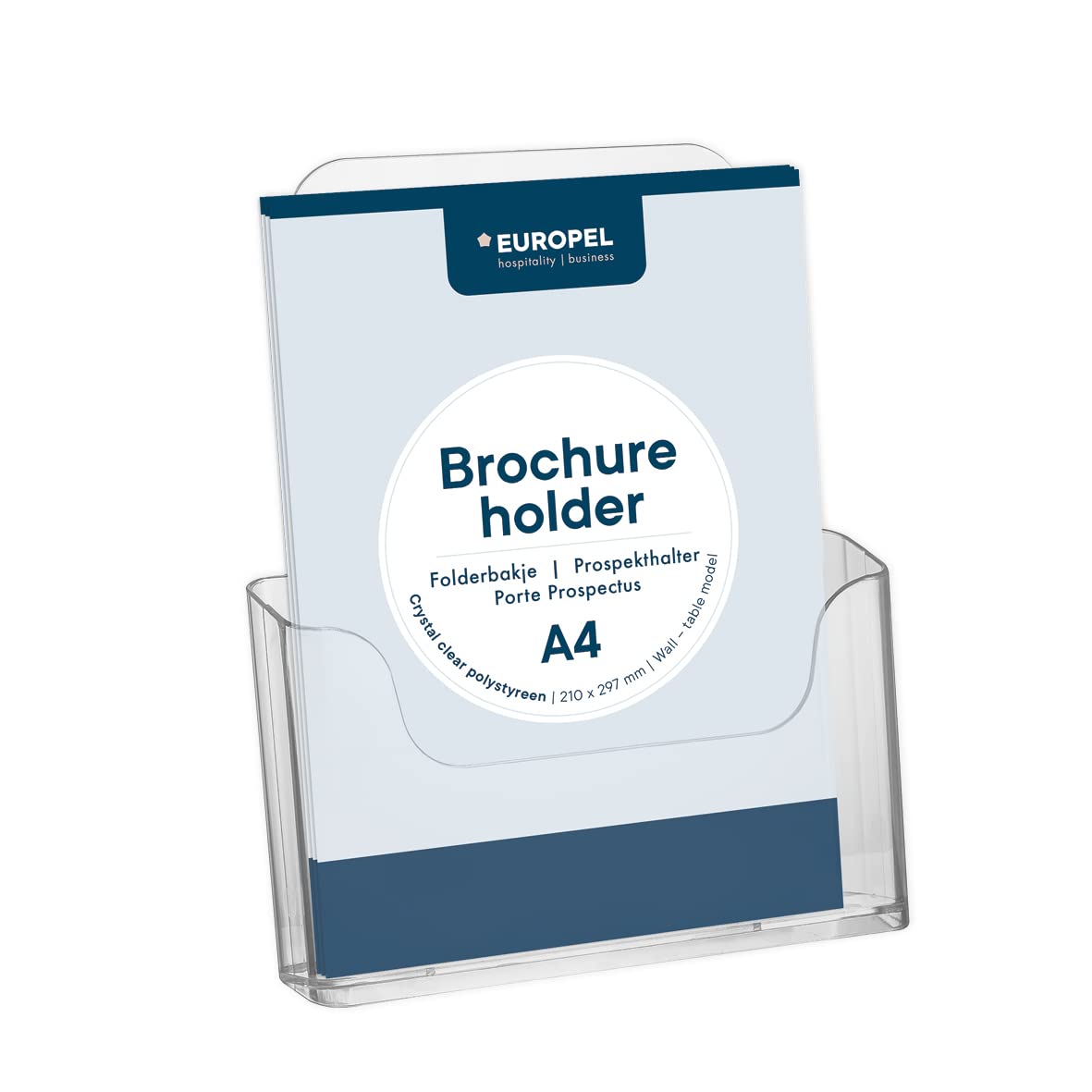 EUROPEL-Brochure Holder, Desktop and Wall Mounted, A4, Crystal Clear Acrylic, Portrait
