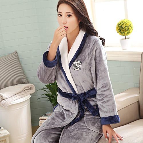A couple of pajamas for men and women in autumn and winter long sleeved thickened flannel gown bathrobe coral fleece bathrobe two,L,Blue gray Bath Set Girl