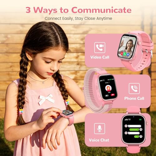 4G Smart Watch Children with GPS and Video Calling, Smartwatch Children with Calls, Voice Chat, SOS, School Mode, IP68 Waterproof, Pedometer, Alarm Clock, Camera, Gift Girls and Boys 4-15, Pink