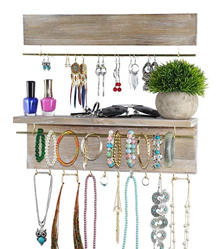 Spiretro Wall Mount Set of 2 Jewelry Organizer Holder Rack, Removable Golden Metal Bar Display Earrings Bracelets, Hooks Hang Necklaces Rings, Shelf Storage Accessories Ornaments, Rustic Torched Wood