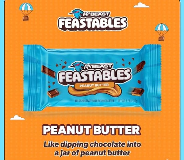 FEASTABLES MRBEAST PEANUT BUTTER MILK CHOCOLATE CHOCOLATE BAR, FULL SIZE BAR FOR ADULTS & KIDS, CANDY BARS, SNACKS, GIFTS, & DESSERT, FAIRTRADE COCOA, 1.24 OZ EACH, 5 COUNT