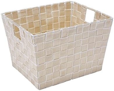 Simplify Medium White/ Gold Woven Strap Storage tote