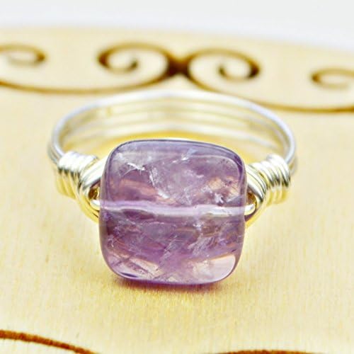 Square Amethyst Gemstone Bead and Sterling Silver or Gold Filled Wrapped Ring- Made to size 4 -14