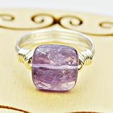 Square Amethyst Gemstone Bead and Sterling Silver or Gold Filled Wrapped Ring- Made to size 4-14