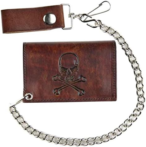 Biker Inspired Men's Skull & Crossbones Antique Tri-Fold Chain Wallet AT322-6