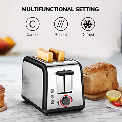 Toaster 2 Slice, Compact Brushed Stainless Steel Toasters 2 Slice Best Rated Prime with Warmly Rack, Cool Touch 2-Slice Extra Wide Slot Toaster with Defrost Reheat Cancel Button, Removable Crumb Tray (Silver)