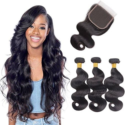 Brazilian Virgin Hair 3 Bundles with Closure Unprocessed Body Wave Human Hiar Weave Extensions with Lace Closure Free Part 12 14 16 with 12 Closure